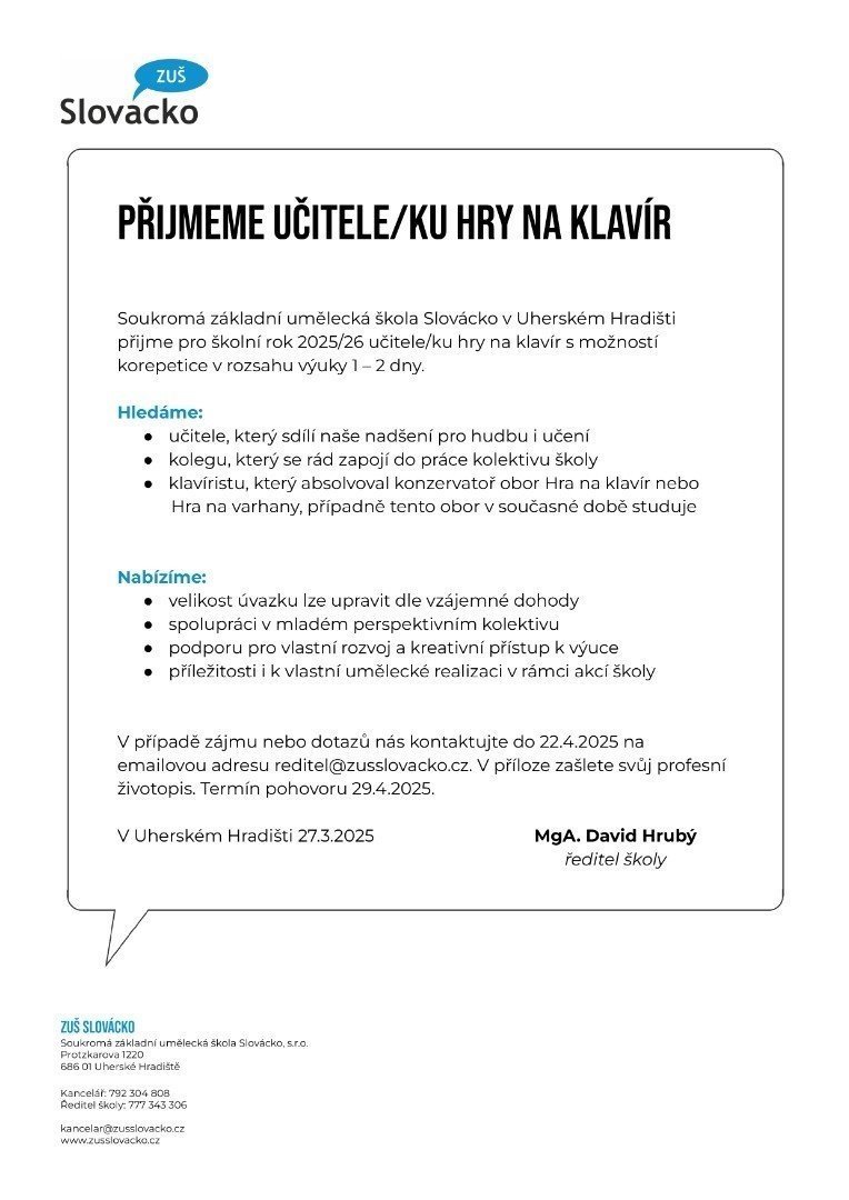 Přijmeme učitele/ku hry na klavír
